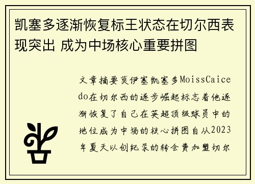 凯塞多逐渐恢复标王状态在切尔西表现突出 成为中场核心重要拼图